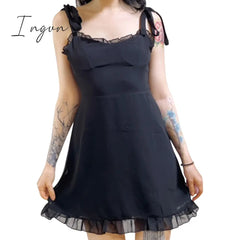 Ingvn - Sweetown Dark Academia Gothic Dresses Women Chiffon Ruffles Black E Girl Clothes Sleeveless V Neck Lace Up Mini Dress Summer