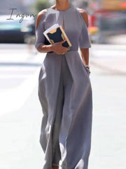 Ingvn - Fashion Hollow Solid Trousers Rompers Summer O Neck Off Shouler Short Sleeve Playsuit Women Elegant Wide Leg Straight Jumpsuits