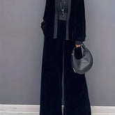 2 Pcs Velvet Solid Color Long Sleeve Open Front Top & Wide Leg Pants Outfit, Women's Clothing