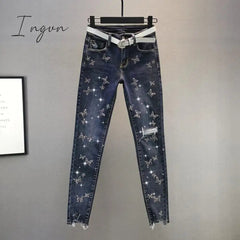 Ingvn - Hot Sales High Waist Jeans Women Beading Butterfly Fashion Ripped Jeans Casual Plus size Stretch Jeans Female Washed Denim Pencil Pants