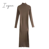 Ingvn - Vintage Elegant Brown Sheath Rib Dress Women Fashion Side Open Half Turtleneck Long Dresses Female Chic Vestidos