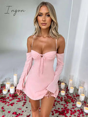 Ingvn - Elegant Pleated Bust Lace Up Back Mini Dress Women Summer New Long Sleeve Backless Bodycon Sexy Party Club Dress