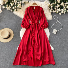 Ingvn - Womens Fashion Irregular Maxi Dress Women Design Hollow Puff Sleeve A-line Dress New Autumn Casual Vacation Split Long Dress