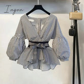 Ingvn - New Spring Summer 2 Pcs Suits Women's Striped Bow Lantern Sleeve Blouse + Black Split Flare Sleeve Pants Set S-3XL