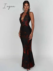 Ingvn - Halter Deep V Neck Backless Maxi Dress For Women Robe New Sleeveless Bodycon Club Party Sexy Print Long Dress Vestidos