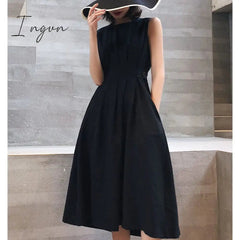 Ingvn - Summer Outfits Summer Women Solid Long Dress White Chic Elegant Casual Party O Neck Sleeveless Tank Female Waist Retraction Holiday Party Robe