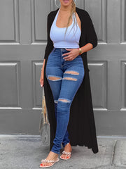 1pc Women's Plus Size Long Cardigan - Casual Style, Solid Color, Polyester Knit, Open Front, Long Sleeve, Pullover, Non-Waterproof, for Spring/Autumn