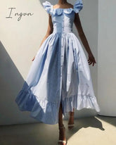 Ingvn - Striped Square Neck Flutter Sleeve Sweet Dress Women Ruffles Maxi Dress