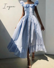 Ingvn - Striped Square Neck Flutter Sleeve Sweet Dress Women Ruffles Maxi Dress