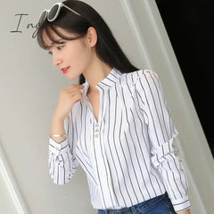 Ingvn - Plus Size Women White Tops and Blouses Fashion Stripe Print Casual Long Sleeve Office Lady Work Shirts Female Slim Blusas