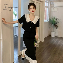 Ingvn - Summer Elegant Women Skirt Sets Retro Office Lady Outifits Puff Sleeve Black Top Skirts Set Korean Fashion Sweet Hepburn Suit