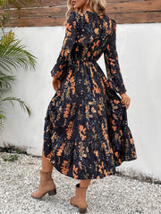 Floral Print Crew Neck Dress, Elegant Long Sleeve A-line Dress For Spring & Fall, Women's Clothing