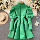 Ingvn - Autumn Winter Puff Long Sleeve Dresses For Women Party Christmas Turtleneck Slim A-Line Elegant New Year Woman Red Dress