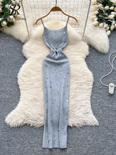 Sexy Knitting Split Long Dress Sleeveless Sequins Diamonds With Sashes Skinny Sundress 2025 Fashion Women Summer Dress
