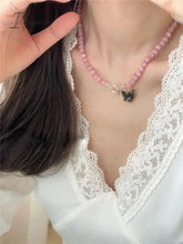 New Pink Crystal Opal Beaded Cat Pendant Necklace for Women Sweet Cool Cute Aesthetics Clavicle Chain Trendy Jewelry Gift