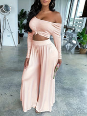 Long Sleeve Two-piece Set, Casual Solid Crop Top & Wide Leg Pants Outfits, Women's Clothing