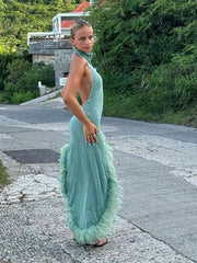 Sexy Backless Irregular Feather Hem Long Dress Women Fashion Sleeveless Bodycon Halter Dresses New Evening Party Robes