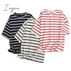Ingvn - Women Striped Cotton T Shirt Short Sleeve O Neck Tees Ladies Casual Tee Shirt Street Wear Top 6L42