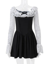 Lace Flare Long Sleeve Sexy Maxi Dress For Women Patchwork Square Collar Backless High Waist Pleated Club Dress Elegant