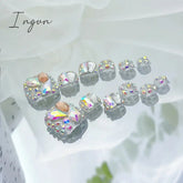 24pcs Colorful Diamond Fake ToeNails Short Square Summer Aurora Silver Sparkling False ToeNails Press On Manicure Feet Nail Tips