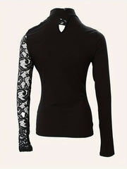 Cutout Lace Stitching T-Shirt, Casual Mock Neck Long Sleeve Top For Spring & Summer, Women's Clothing