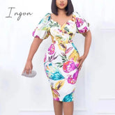 Ingvn - Women Summer Printed Bodycon Dresses Puff Short Sleeve Wrapped High Waist Fitted Midi Dress with Belt Office Party Clothes