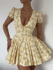Deep V Neck Print Sexy Mini Dress For Women Fashion Lace-up Short Sleeve A-line Pleated Dress Elegant New Clothes