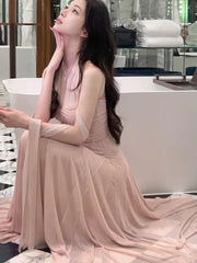 French Spliced Mesh Sexy Sleeveless Pink Midi Dresses for Women Summer New Elegant Wedding Evening Party Female Clothing