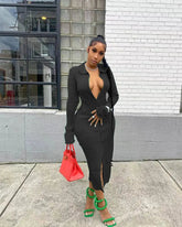 Ingvn - Womens Fashion Long Sleeve Knitted Button Midi Dress Turn Down Collar Slim Sexy Dresses Autumn Ribbed Robe Women Clothing Vestidos