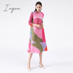 Ingvn - Pleated Dress Women Hit Color Geometric With Belt Sashes Over Size Long Sweet Casual New Spring Fashion Tide