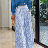 Two-Piece Casual Outfit Set - Surplice Neck Solid Color Top with Adjustable Straps & Wide Leg Floral Print Pants - Comfortable Womens Clothing for Daily Wear
