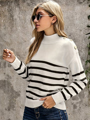 Casual Women's Striped Mock Neck Long Sleeve Pullover Sweater with Fake Button Detail