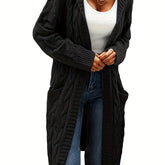 Solid Open Front Cable Knit Hooded Cardigan, Casual Long Sleeve Mid Length Sweater With Pocket, Women's Clothing