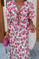 Elegant Print Floral Hollowed Out Frenulum V Neck Short Sleeve Two Pieces