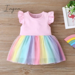Ingvn - New Summer Baby Girls Tutu Dress Children Party Little Girl Kids Clothes Flying Sleeve Princess Rainbow Patchwork Outfits Dress