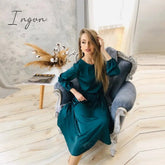Ingvn - Women Vintage Sashes Satin A-line Dress Lantern Sleeve O neck Solid Elegant Casual Party Dress Summer OL New Fashion Dress