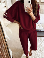 Cozy Womens Ribbed Lounge Set - Soft High-Elasticity Polyester, Crew Neck, Batwing Sleeve, Relaxed Fit, Pockets, Machine Washable, Perfect for Fall and Winter Season