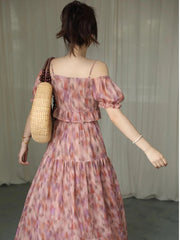 Summer New French Elegant Party Print Dress Sweet A Line Midi Ladies Vintage Robes
