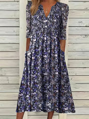 Vibrant Ditsy Floral V-Neck Dress - Comfy Ruched Design with Handy Pockets - Perfect for Summer Casual Outings, Women’s Fashion