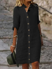 Ingvn - Women's Shirt Dress Casual Dress Cotton Linen Dress Midi Dress Cotton Blend Fashion Basic Outdoor Daily Shirt Collar Button Half Sleeve Summer Spring Fall 2023 Regular Fit Black White Green Plain S M