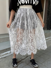 Y2K Lace Semi-Sheer A-Line Skirt, Solid Color Elastic Waist Midi Skirt For Spring & Summer, Women's Clothing