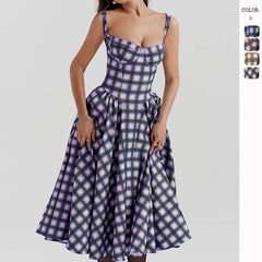 Palace Style Plaid Print A-line Dress Women Spaghetti Strap Spring Summer Dress Elegant Midi Long Party Dresses