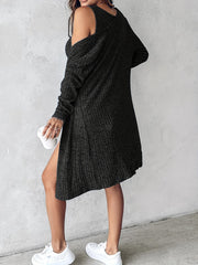 For Spring & Fall, Women's Clothing: Solid Color Ribbed Dress Set with Square Neck Button Front Tank Dress & Open Front Long Sleeve Cardigan