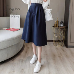Ingvn - New Spring Summer High Waist Midi Skirt Women Casual Pocket Solid Color Loose A-Line Umbrella Skirt Female Petticoat