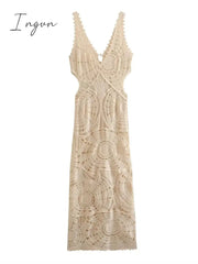 Ingvn - Solid Knitted Hollow Out Crochet Long Dresses Elegant V-neck Sleeveless Backless Vestidos Women Party Beach Vacation Clothes