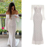 White Off The Shoulder Bodycon Dress New in Flare Sleeve Elegant Lace Maxi Dress Wedding Guest Dress for Women