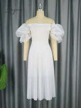 Ingvn - Women Elegant White Pleated Dresses Midi Off Shoulder Puff Sleeve A Line Cocktail Party Swing Dress Prom Summer 2023 Big Size
