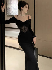 French Sexy Bodycon Knitted Mermaid Dresses Women Hollow Out Spaghetti Strap Corset Slim Waist Evening Party Dress Prom Vestidos