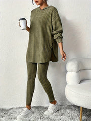 Sleek Duo, Elegant Solid Color Ribbed Hoodie & Leggings Set for Women - Long Sleeve, Polyester Blend, Machine Washable - Perfect for Spring/Fall