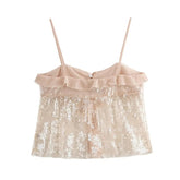 2025 Women Chic Pleat Ruffles Sequined Design Chiffon Sling Camis Tank Top Lady Backless Short Crop Shirt Blouse Tops Clothes